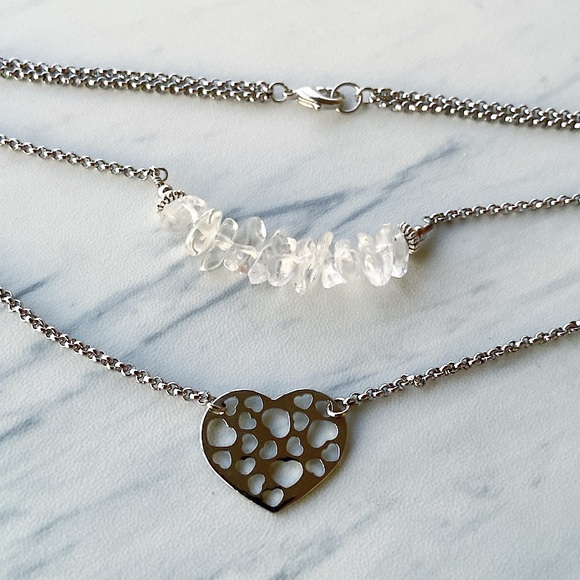 Crystal heart necklace . Double Layer crystal quartz valentine heart boho choker - Picture 7 of 11